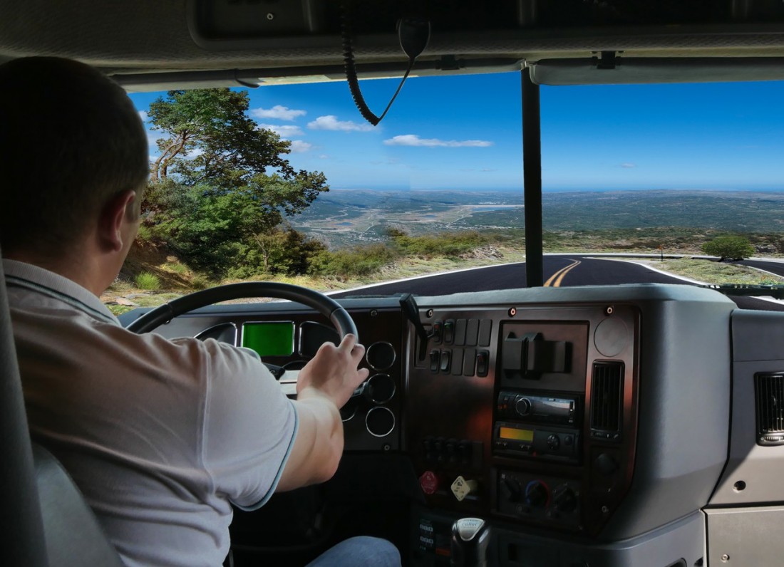 The truck driver on the road among fields highway. business trip